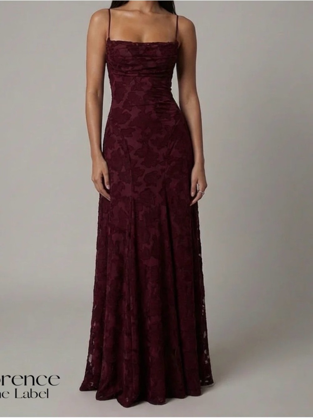 Women’s Burgundy Lace Evening Dress - Spaghetti Strap Gown